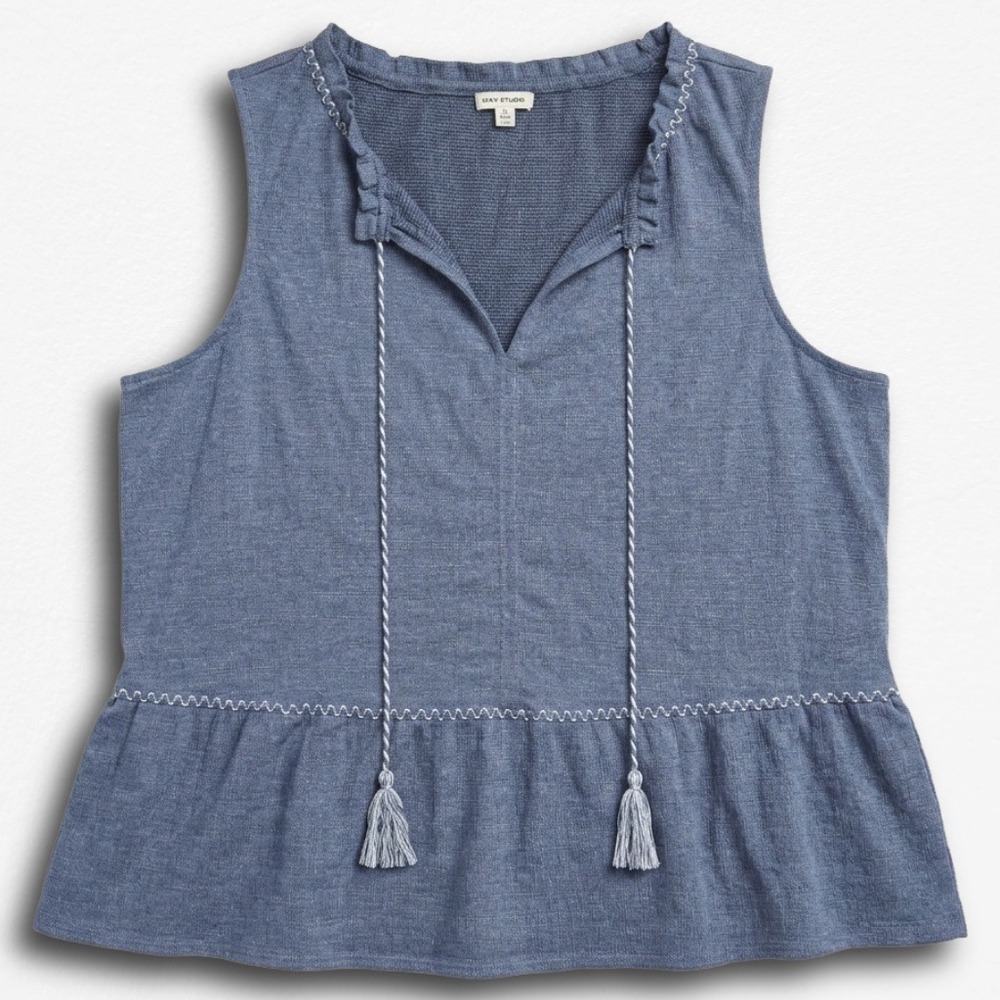 Max Studio Blue‎ Sleeveless Peplum Top Tassel Tie Boho Blouse Womens 1X